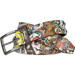 Ed Hardy Men's Multi Print Brown Belt With Pyramid Rivet Studs